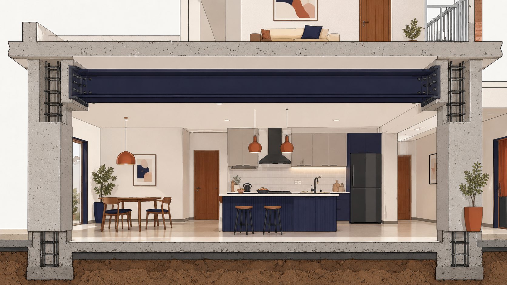 Cutaway illustration of an overhead steel I-beam anchored into RCC columns above a ground floor kitchen, stiffening the slab from above without breaking the floor